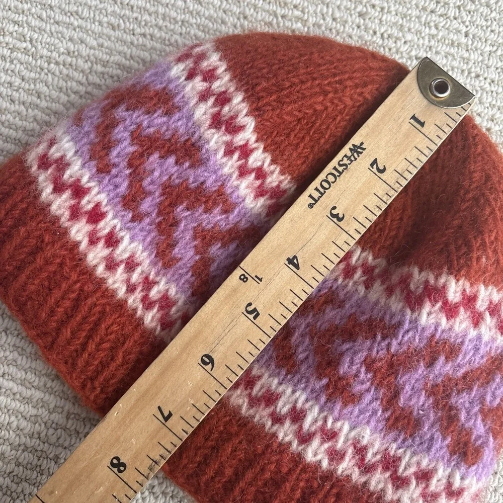Rust Red Fair Isle Knit Beanie with Pink and Cream Accents